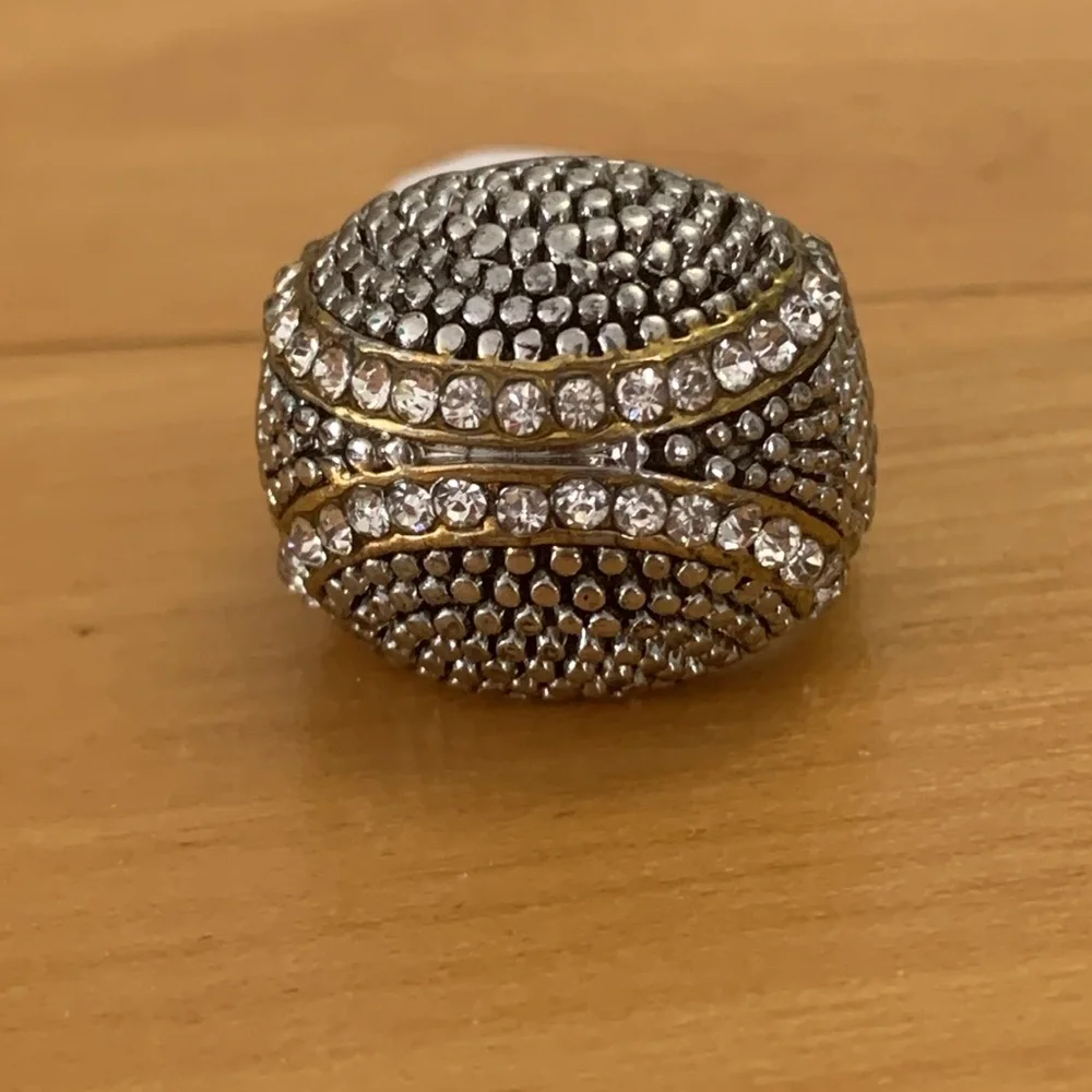 Silver and Gold Tone Dome Ring Women's Size 5 with Crystals Nailhead detail NWT